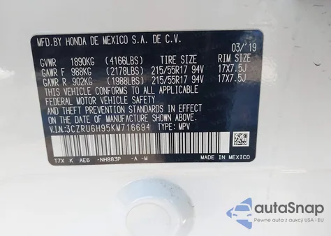 2019 Honda Hr-V Touring из США, поврежденный, VIN 3CZRU6H95KM716694